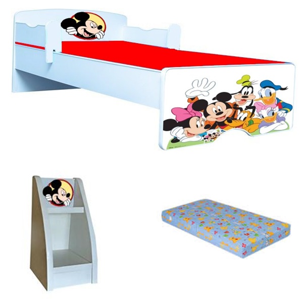 Pat copii Mickey 2 cu saltea si etajera cadou Pat copii Mickey 2 cu saltea si etajera cadou