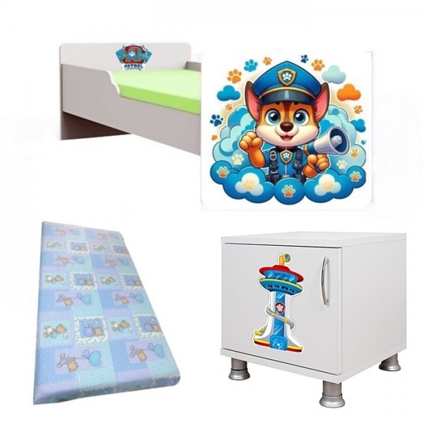 Pat Paw Patrol tineret cu saltea inclusa si noptiera cadou Pat Paw Patrol tineret cu saltea inclusa si noptiera cadou
